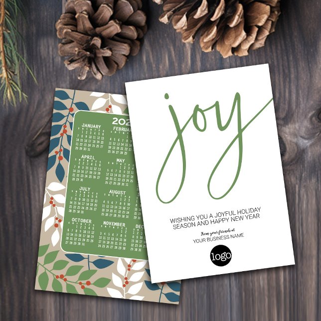 Tarjeta Festiva Calendario - verde azul JOY moderno - Logo de nego (Holiday Card for Your Business - Add a Logo with a Calendar on the back)