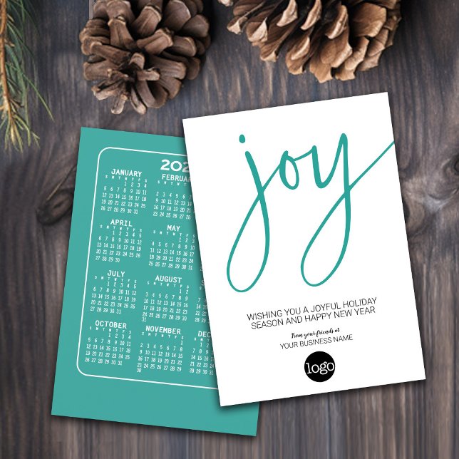 Tarjeta Festiva Calendario y logotipo - JOY - Aqua White - Busines (Holiday Card for Your Business - Add a Logo with a Calendar on the back)