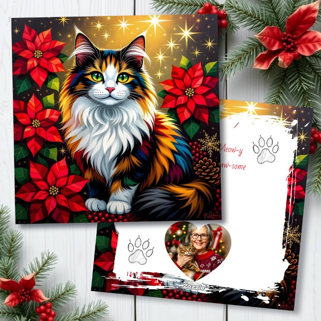 Tarjeta Festiva Calico Cat with Poinsettias Custom Christmas (Subido por el creador)