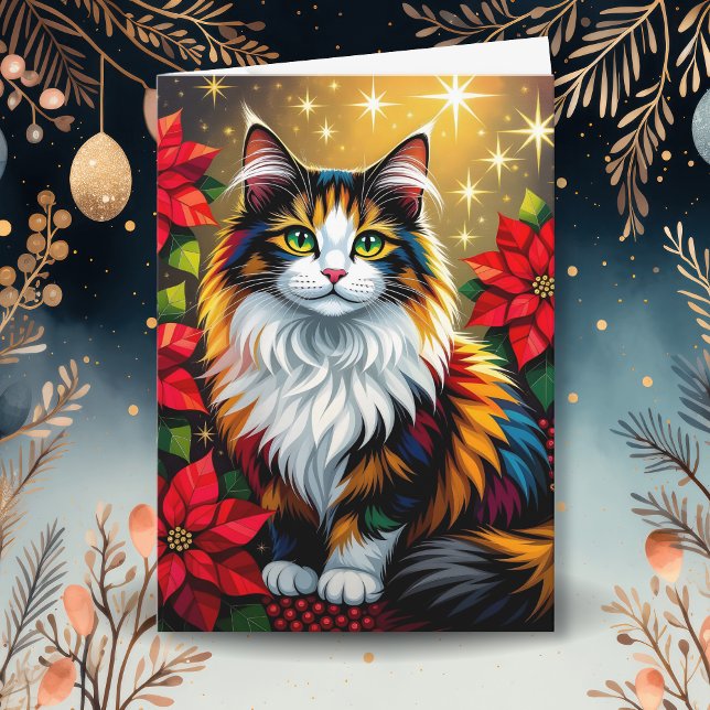 Tarjeta Festiva Calico Cat with Poinsettias Custom Christmas (Subido por el creador)