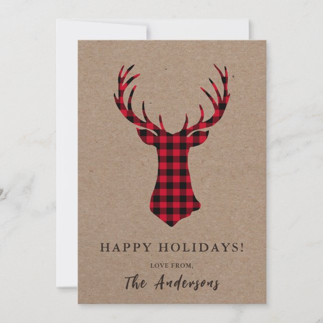 Tarjeta Festiva Cálido y acogedor Deer Kraft Plaid Navidades (Anverso)