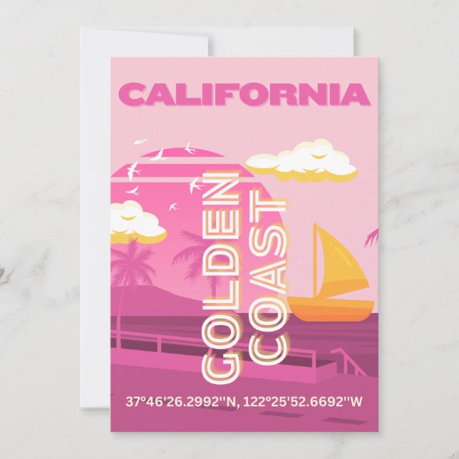 Tarjeta Festiva California, arte de viajes, preppy, rosa (Anverso)