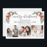 Tarjeta Festiva Caligrafía 3 Foto acuarela invernal Floral<br><div class="desc">Script de caligrafía moderna. Elegante tarjeta navideña Floral 3 Photo Merry de invierno incluye hermosas poinsettias rojas acuarelas,  vegetación botánica,  follaje de invierno,  bayas huecas,  rosas blancas,  algodón,  pinos y bayas azules.</div>