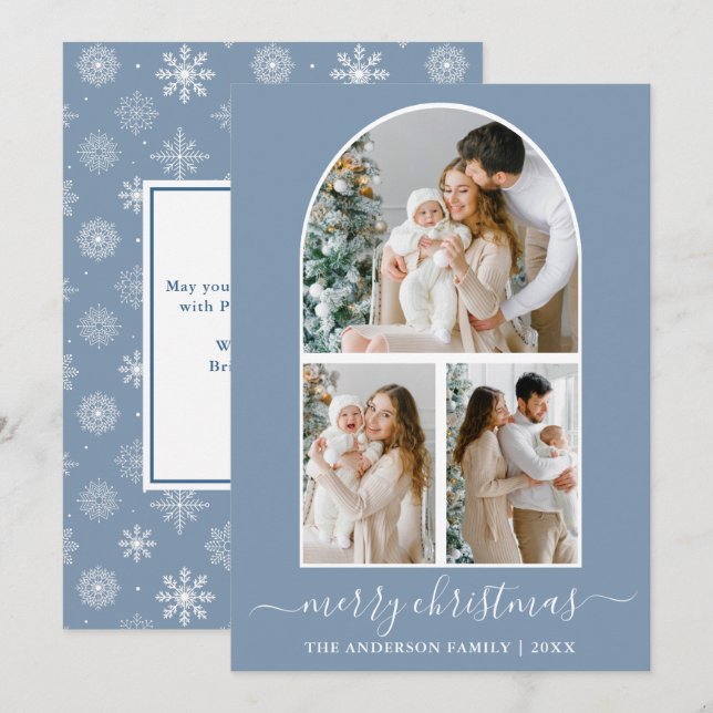 Tarjeta Festiva Caligrafía 3 Photo Arch Snowflakes Dusty Blue (Anverso / Reverso)