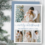 Tarjeta Festiva Caligrafía 4 Foto Dusty Blue Merry Christmas<br><div class="desc">Moderna caligrafía de moda guión 4 Collage de fotos de la familia de la foto tarjeta navideña - azul turbio</div>