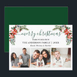 Tarjeta Festiva Caligrafía acuarela Floral de invierno 3 foto<br><div class="desc">Script de caligrafía moderna. Elegante tarjeta navideña Floral 3 Photo Merry de invierno incluye hermosas poinsettias rojas acuarelas,  vegetación botánica,  follaje de invierno,  bayas huecas,  rosas blancas,  algodón,  pinos y bayas azules.</div>