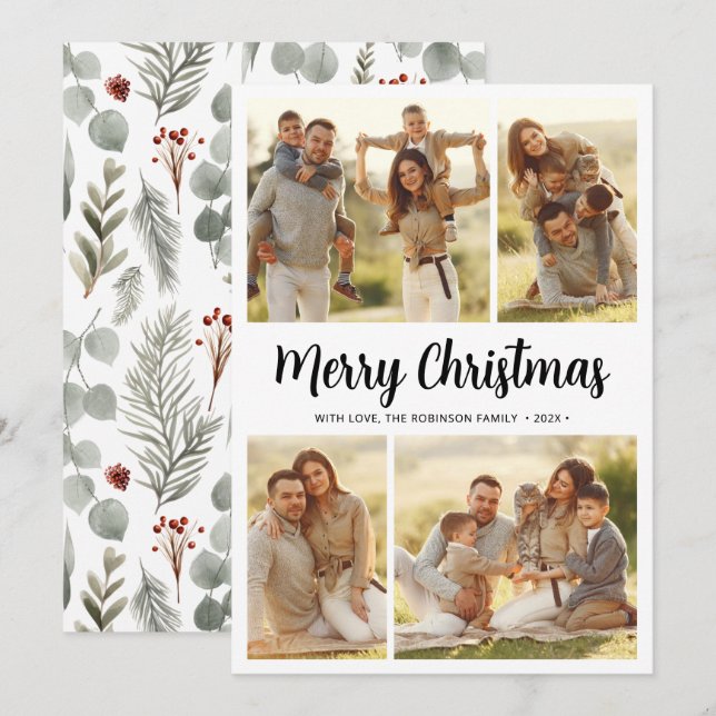 Tarjeta Festiva Caligrafía botánica 4 Navidades multifotográficos (Anverso / Reverso)