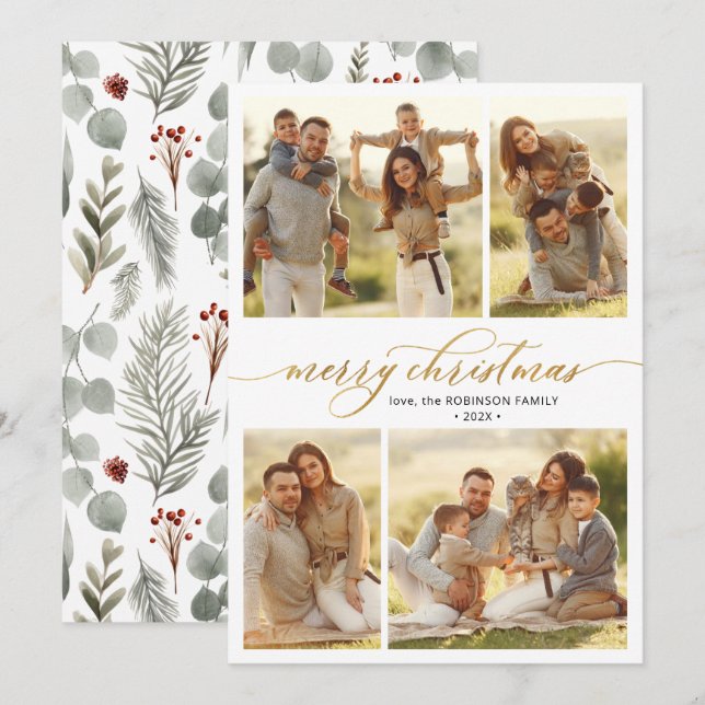 Tarjeta Festiva Caligrafía botánica 4 Navidades multifotográficos (Anverso / Reverso)