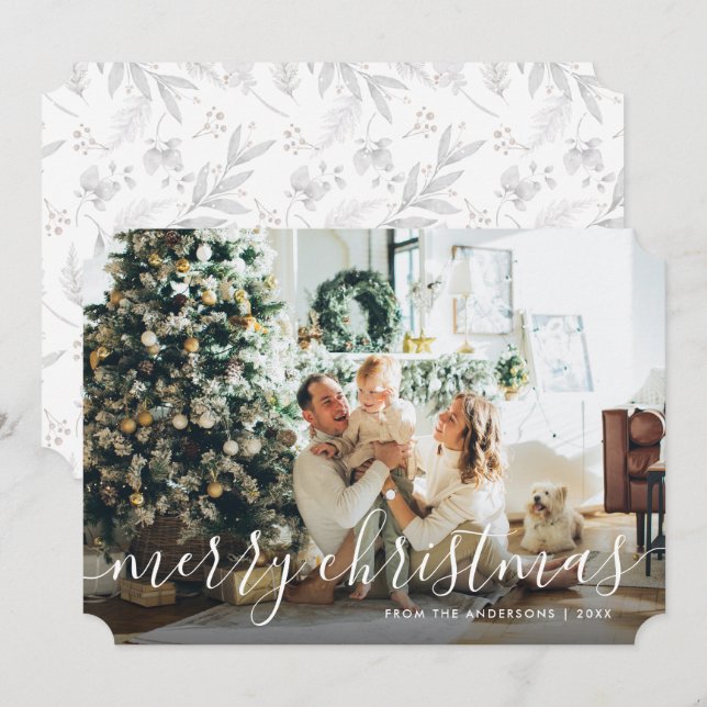 Tarjeta Festiva Caligrafía botánica Foto Cartas navideñas merry (Anverso / Reverso)
