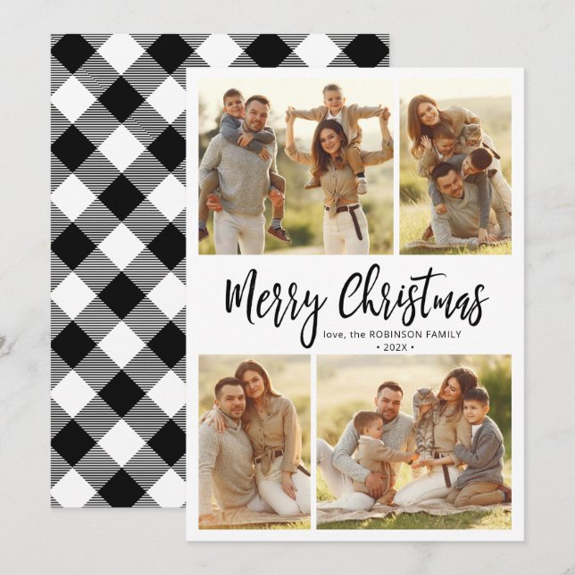 Tarjeta Festiva Caligrafía Buffalo Plaid 4 Navidades multifotográf (Anverso / Reverso)