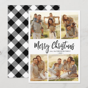 Tarjeta Festiva Caligrafía Buffalo Plaid 4 Navidades multifotográf