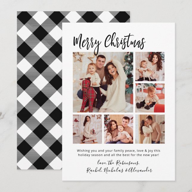 Tarjeta Festiva Caligrafía Buffalo Plaid 6 Navidades multifotográf (Anverso / Reverso)