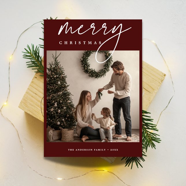 Tarjeta Festiva Caligrafía Burgundy Merry Christmas Photo Card (Subido por el creador)