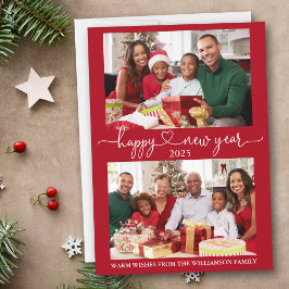 Tarjeta Festiva Caligrafía Corazón Feliz Año Nuevo Rojo 2 Foto