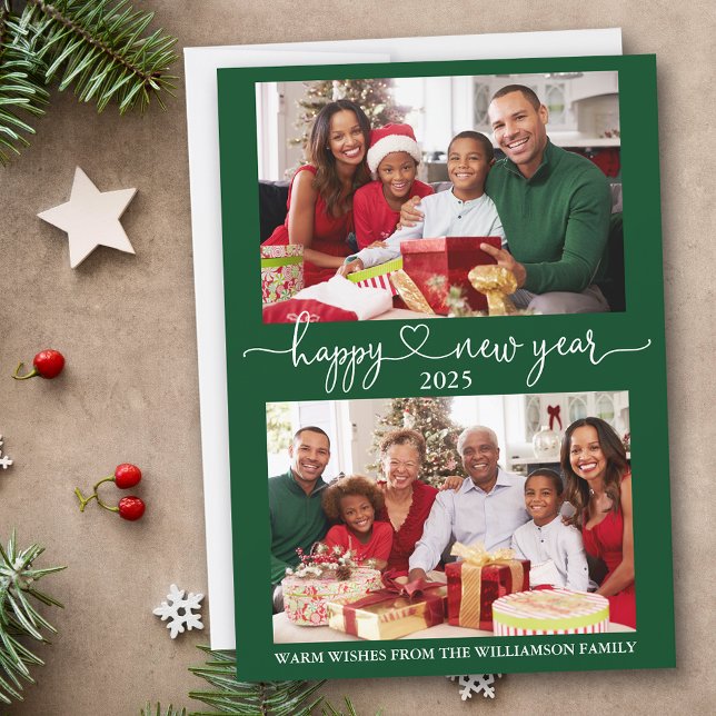 Tarjeta Festiva Caligrafía Corazón Feliz Año Nuevo Verde 2 Foto (Customize to add text to back of card.)