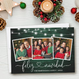 Tarjeta Festiva Caligrafía Corazón Luz verde de madera Feliz Navid