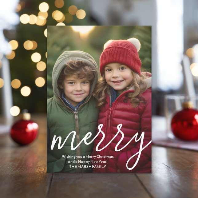 Tarjeta Festiva Caligrafía de merry moderna Foto botánica vertical (Christmas Photo Card)
