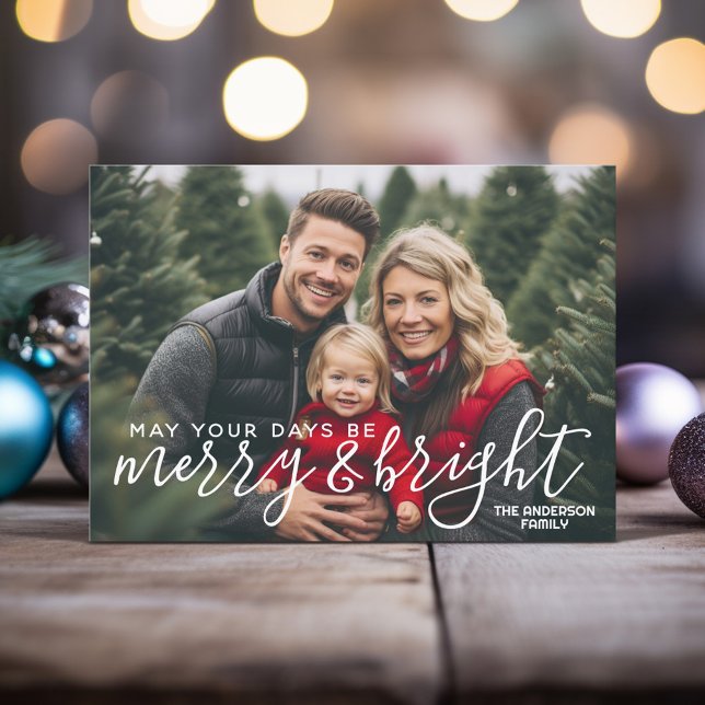 Tarjeta Festiva Caligrafía de mora y brillante - Foto horizontal c (Modern Christmas Card with 1 Horizontal Photo and a rustic modern font in white - download option)