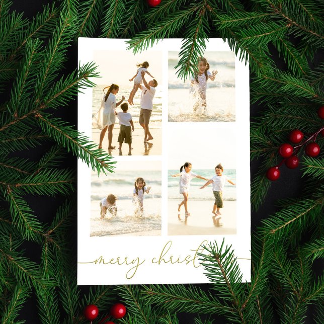 Tarjeta Festiva Caligrafía de oro navideño 5 Fotografía elegante (Merry Christmas gold calligraphy script photo card. )