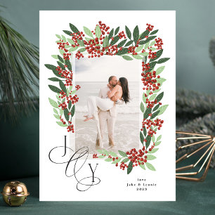 Tarjeta Festiva Caligrafía de recién casados ALEGRÍA Foto floral d