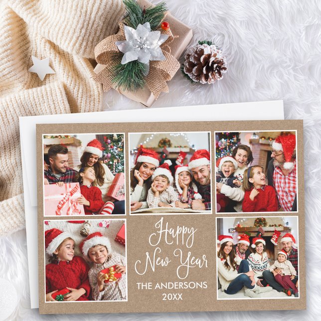 Tarjeta Festiva Caligrafía divertida moderna Kraft 5 Foto Año Nuev (Customize to add text to back of card.)