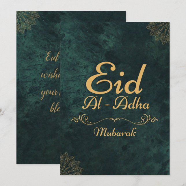Tarjeta Festiva Caligrafía dorada Eid Al-Adha Mubarak 2025 (Anverso / Reverso)