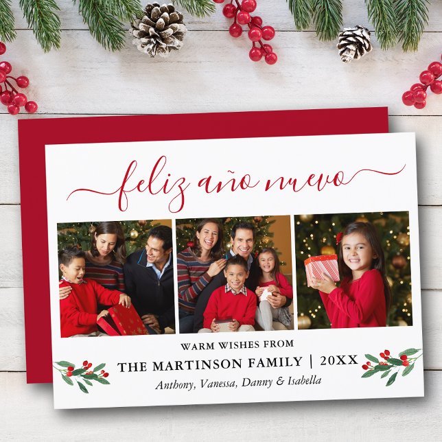 Tarjeta Festiva Caligrafía feliz Ano Nuevo 3 Foto Red Holly (Customize to add text to back of card.)