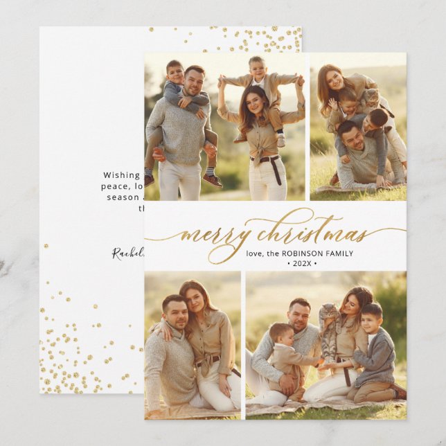 Tarjeta Festiva Caligrafía Gold Script 4 Navidades multifotográfic (Anverso / Reverso)