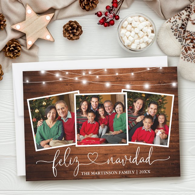 Tarjeta Festiva Caligrafía Madera del corazón ilumina Feliz Navida (Customize to add text to back of card.)