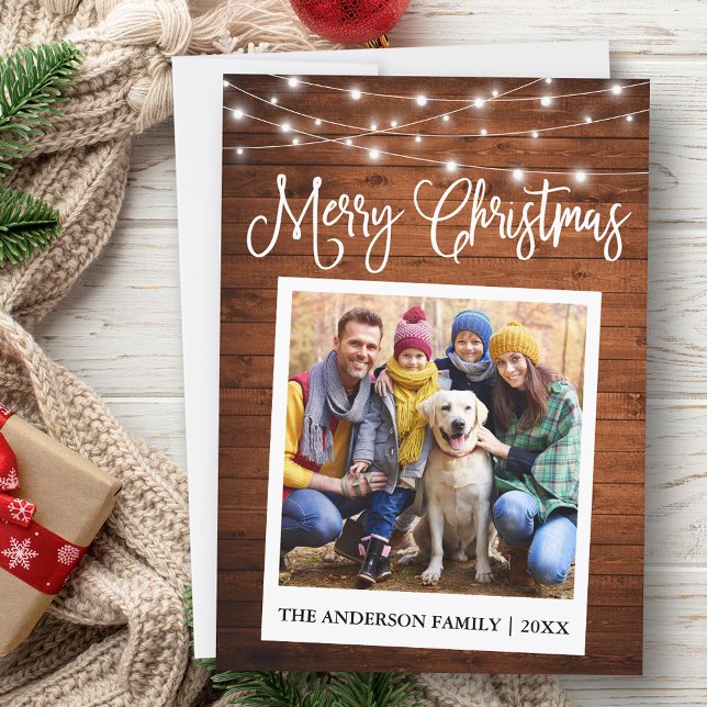 Tarjeta Festiva Caligrafía Madera Ilumina Foto Instantánea De Cáma (Customize to add text to back of card.)