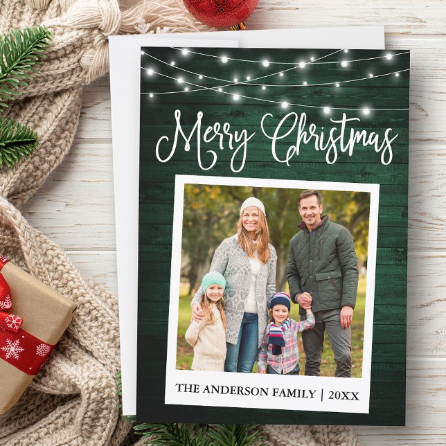 Tarjeta Festiva Caligrafía Madera Verde Ilumina foto de cámara ins (Customize to add text to back of card.)