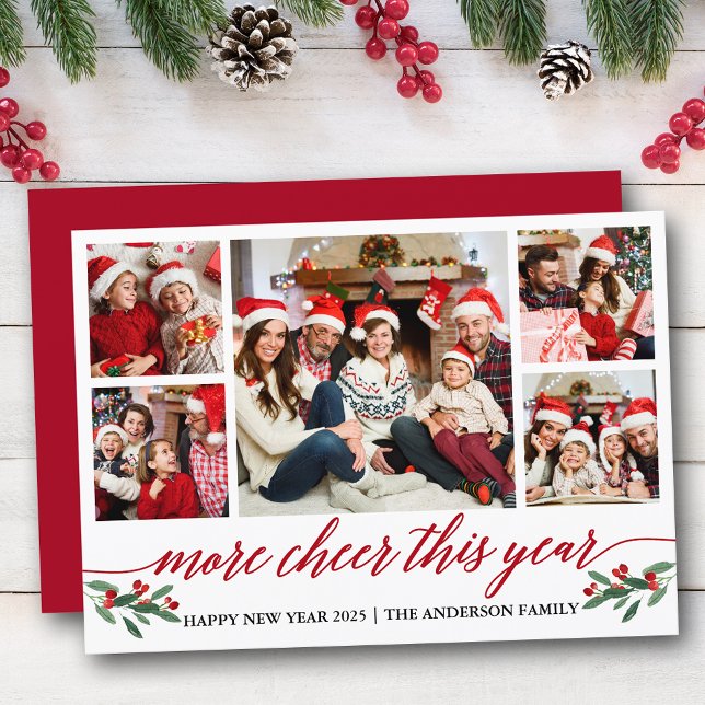Tarjeta Festiva Caligrafía Más Alegre Este Año 5 Foto Roja (Customize to add text to back of card.)