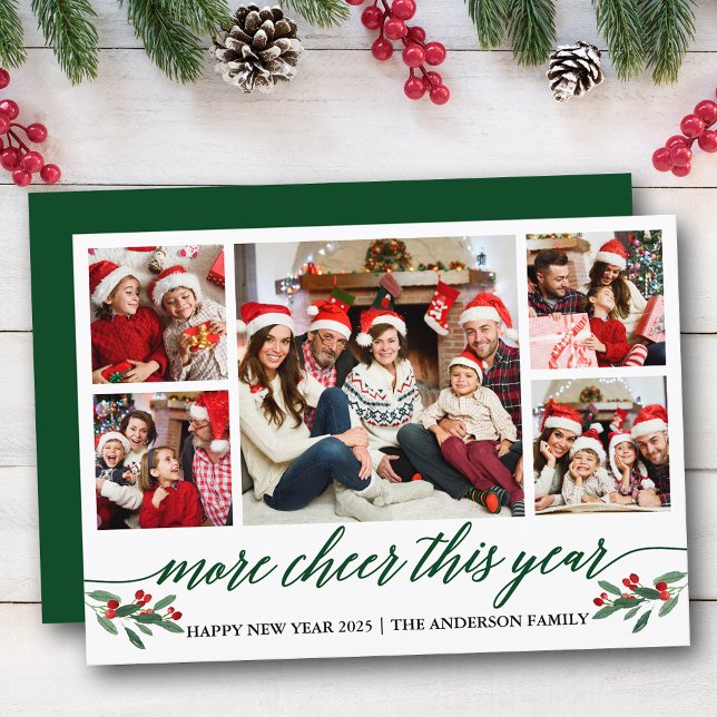 Tarjeta Festiva Caligrafía Más Alegre Este Año 5 Foto Verde (Customize to add text to back of card.)