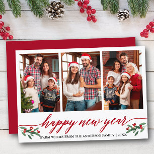 Tarjeta Festiva Caligrafía moderna 3 Foto Feliz Año Nuevo Rojo