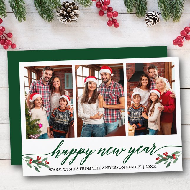Tarjeta Festiva Caligrafía moderna 3 Foto Feliz Año Nuevo Verde (Customize to add text to back of card or to change color of  back of card.)
