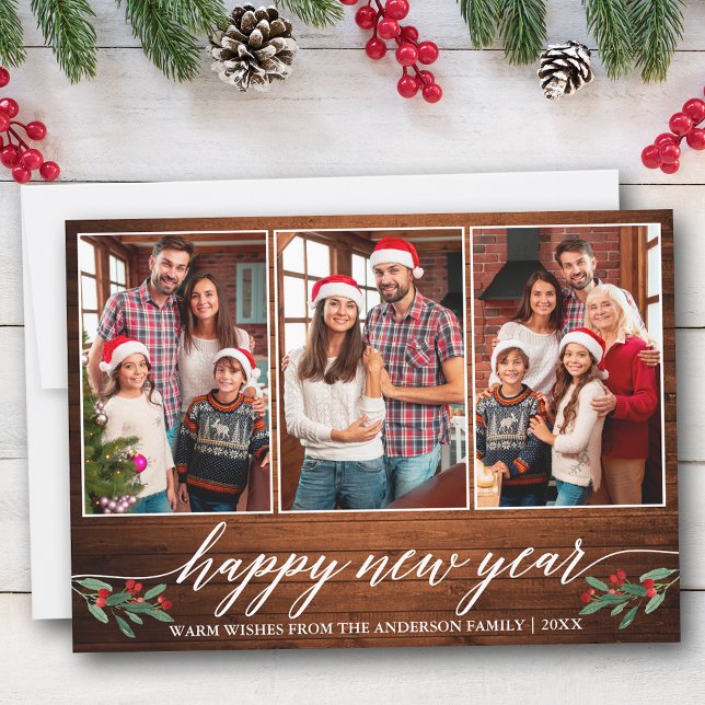 Tarjeta Festiva Caligrafía moderna 3 Foto Madera Feliz Año Nuevo (Customize to add text to back of card.)