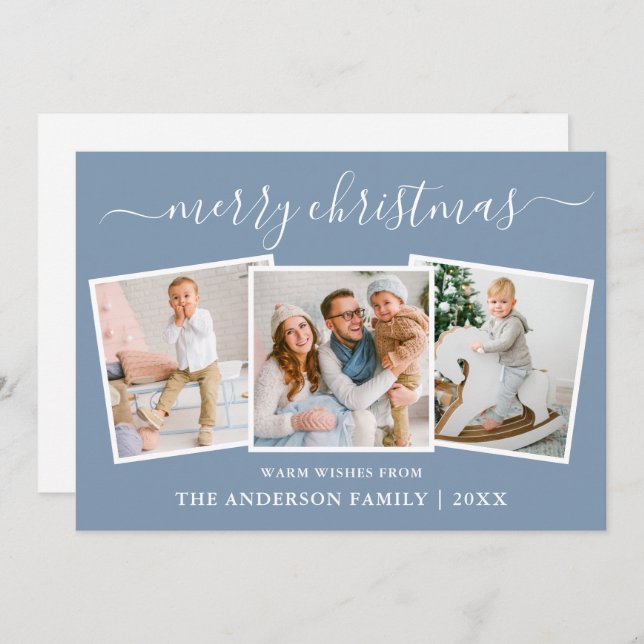 Tarjeta Festiva Caligrafía moderna 3 Navidades de fotografía azul (Anverso / Reverso)