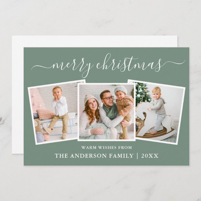 Tarjeta Festiva Caligrafía moderna 3 Navidades de fotografía Sage  (Anverso / Reverso)