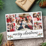 Tarjeta Festiva Caligrafía moderna 5 Familia fotográfica Feliz Nav<br><div class="desc">Moderna caligrafía guión 5 Collage de fotos de la familia de fotos Merry Christmas Card incluye Navidades de acuarela Holly Berries</div>