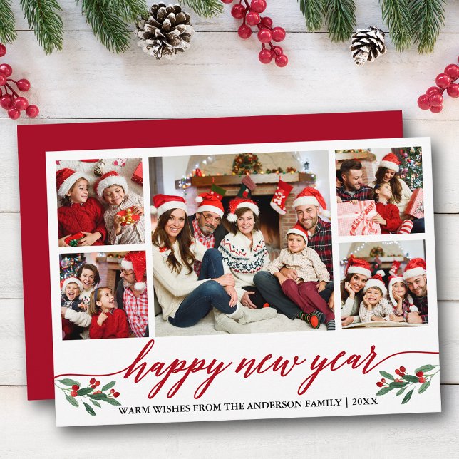Tarjeta Festiva Caligrafía moderna 5 Foto Feliz Año Nuevo Rojo (Customize to add text to back of card.)