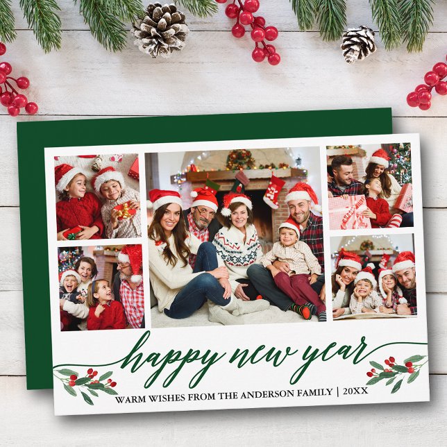 Tarjeta Festiva Caligrafía moderna 5 Foto Feliz Año Nuevo Verde (Customize to add text to back of card.)