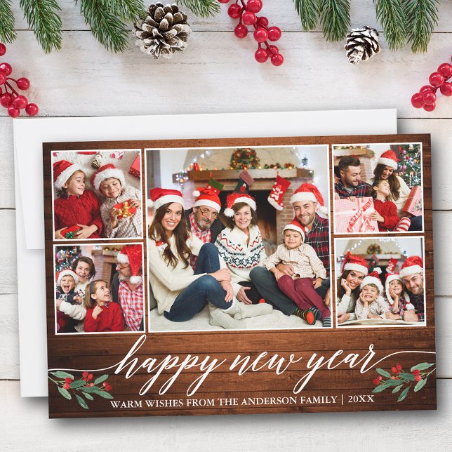 Tarjeta Festiva Caligrafía moderna 5 Fotografía Madera Feliz Año N (Customize to add text to back of card.)