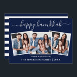 Tarjeta Festiva Caligrafía moderna Bandas azules Hanukkah 3 Foto<br><div class="desc">Moderna caligrafía de moda guión 3 Collage de fotos de la familia de fotos Happy Hanukkah Card - Navy Blue and White Stripes Back</div>