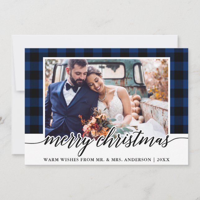 Tarjeta Festiva Caligrafía moderna Boda Blue Plaid (Anverso)