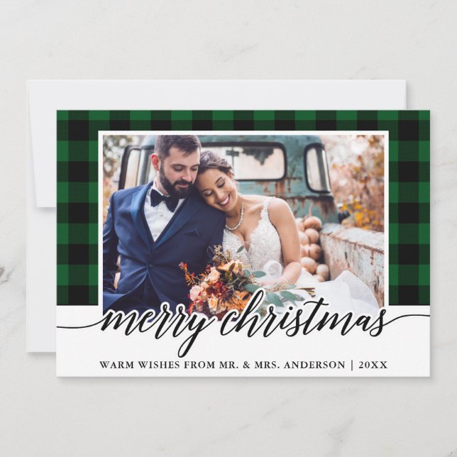 Tarjeta Festiva Caligrafía moderna Boda Green Plaid (Anverso)