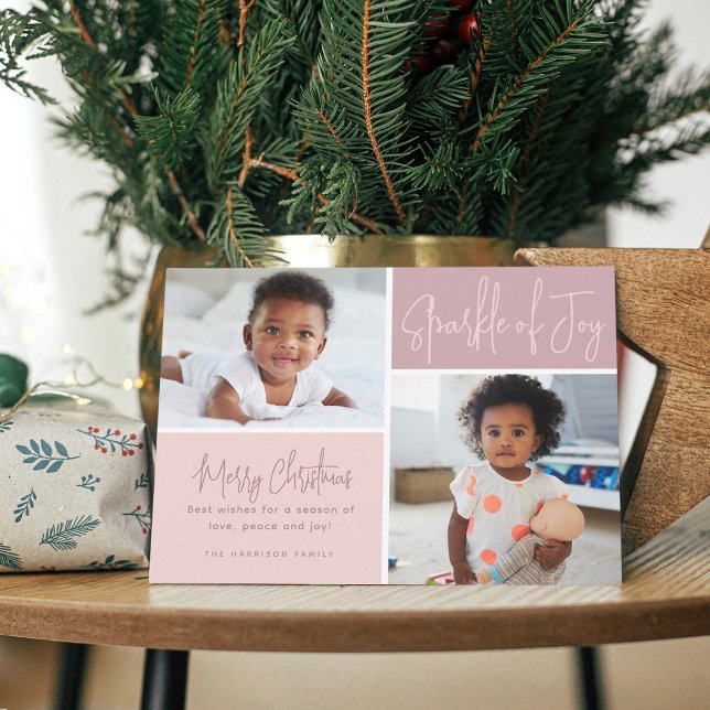 Tarjeta Festiva Caligrafía moderna Brillo de alegría 2 fotos (Modern Calligraphy Sparkle of Joy 2 Photos Holiday Card)