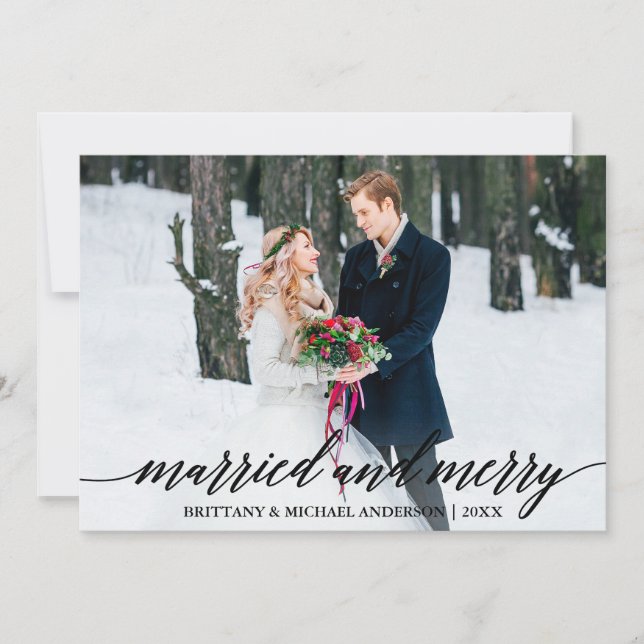 Tarjeta Festiva Caligrafía moderna fotografía casada y Boda de mor (Anverso)