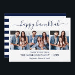 Tarjeta Festiva Caligrafía moderna Hanukkah 3 Photo Blue Stripes<br><div class="desc">Moderna caligrafía de moda guión 3 Collage de fotos de la familia de fotos Happy Hanukkah Card - Navy Blue and White Stripes Back</div>