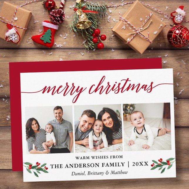 Tarjeta Festiva Caligrafía moderna Holly Navidades 3 Fotografía ro (Customize to add text to back or to change color of back of card.)