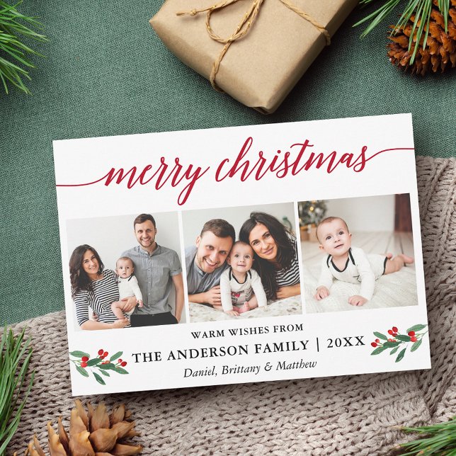 Tarjeta Festiva Caligrafía moderna Holly Navidades rojos 3 Foto (Customize to add text to back of card.)